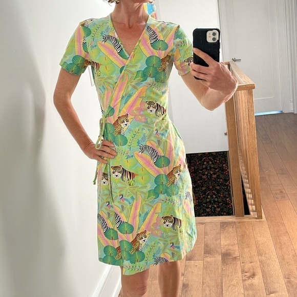 Leggiadro Jungle jersey Wrap Dress Stretch Lycra Tiger Zebra shortsleeve green M - Picture 4 of 12